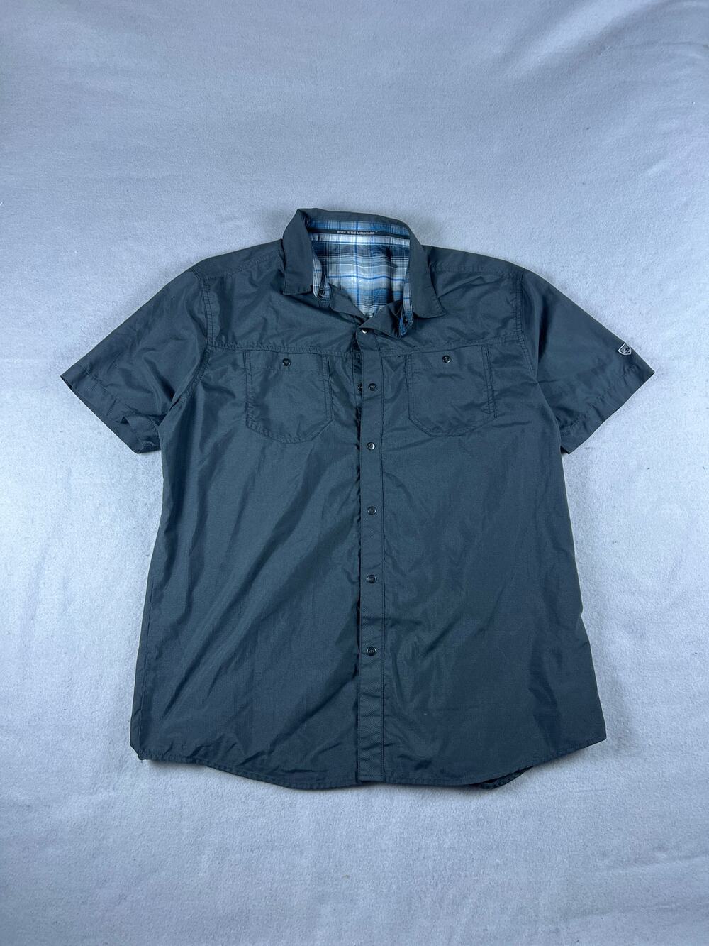 Kuhl Shirt Mens M Gray Short Sleeve Button Up Ripstop Check Hiking Outdoors
